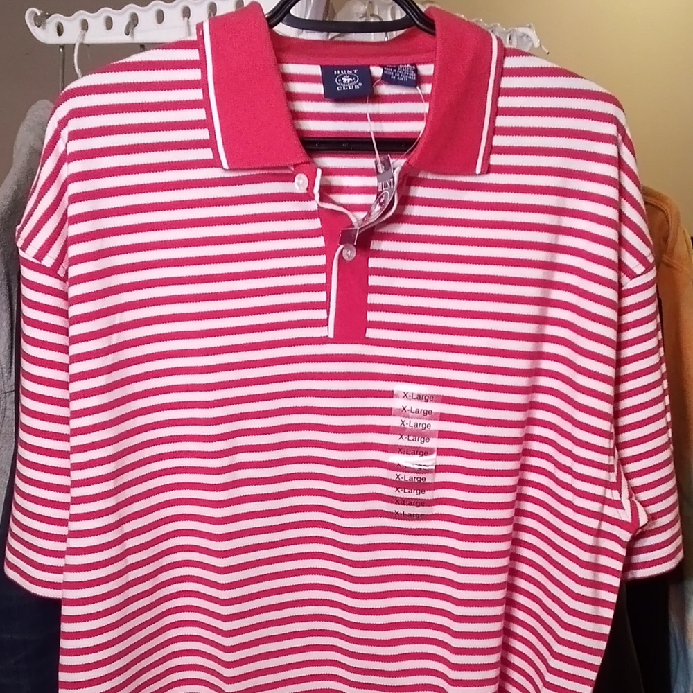 The Hunt Club Red and White Striped Men's Polo shirt. Short Sleeve Sz XL NWT